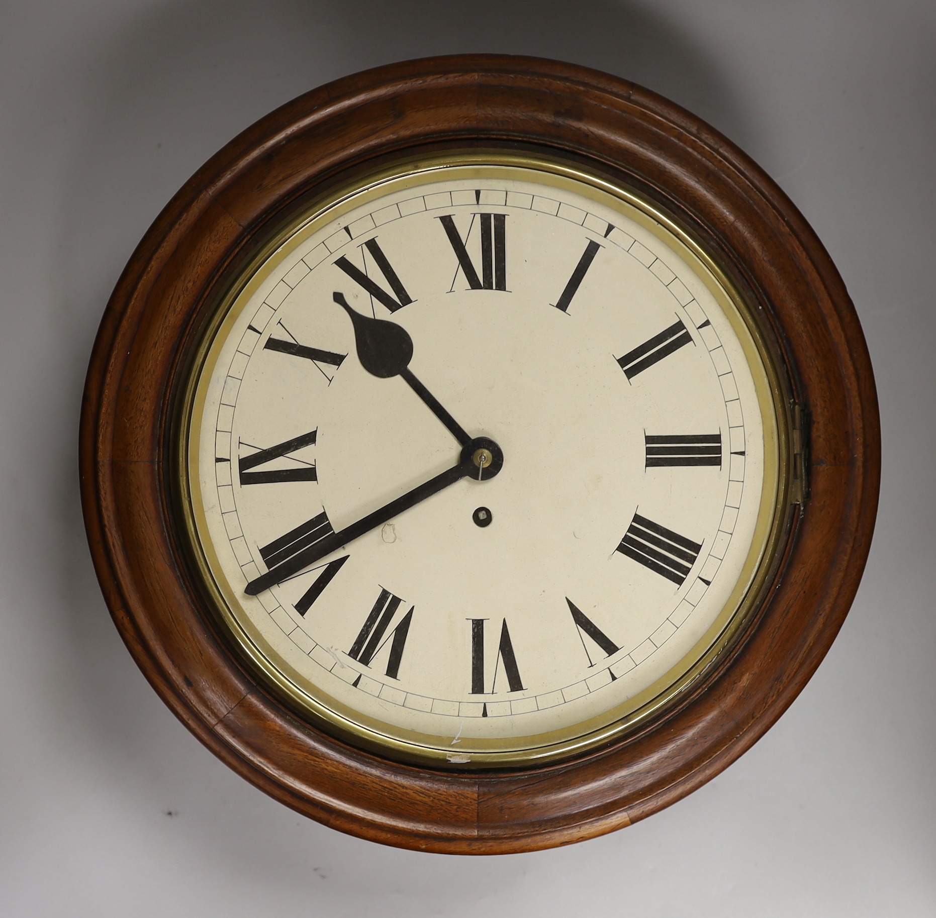 An early 20th century mahogany fusee dial wall clock, 42cm diameter